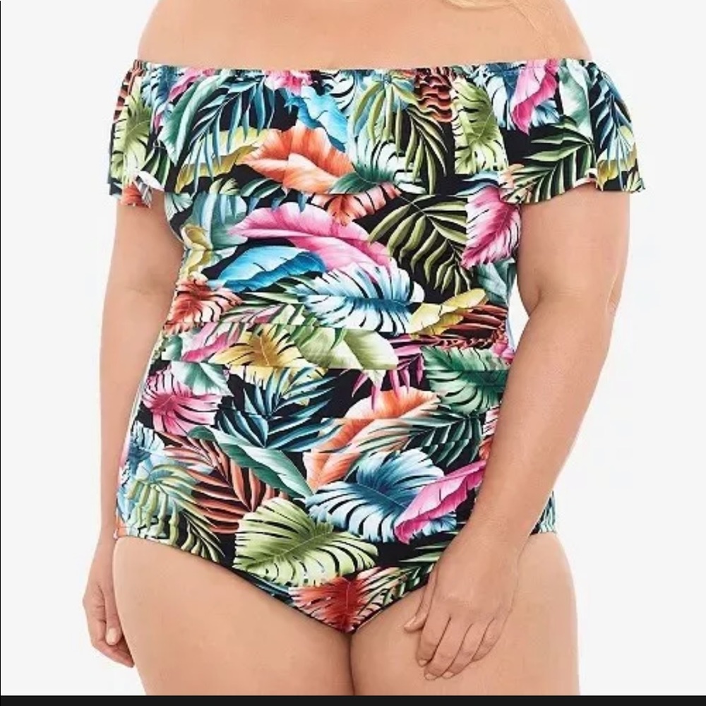Swim Solutions Plus Size Off The Shoulder One Piece Swimsuit: Size 22W: Multi